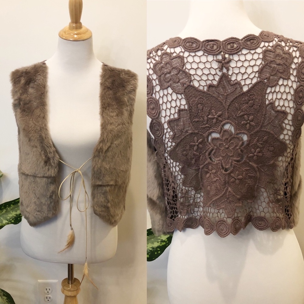 Boho Vegan Faux Fur and Crochet Vest sz M